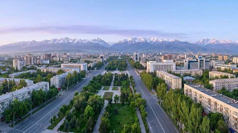 Бишкек и снежные вершины Ала-Тоо за городом