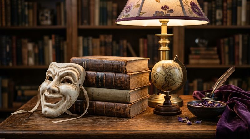 Театральная маска, стопка старинных книг и глобус при тёплом свете лампы