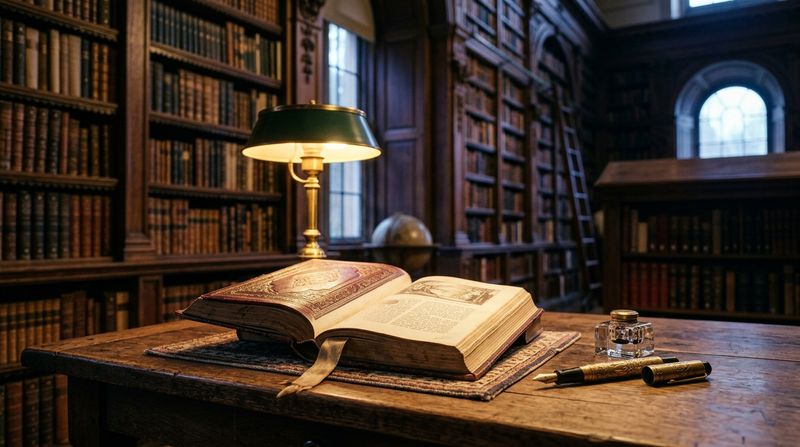 Старинная библиотека с книжными полками, раскрытая книга и настольная лампа