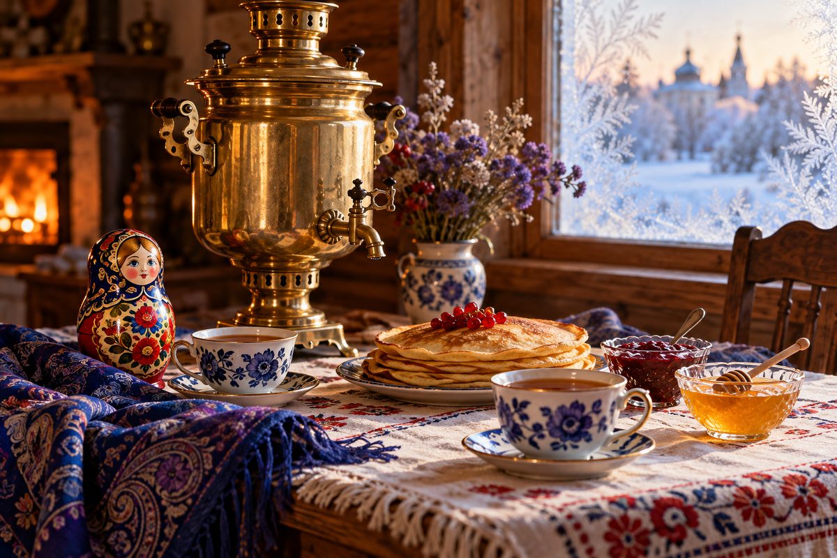 Самовар, чай, блины, варенье и матрёшка на вышитой скатерти