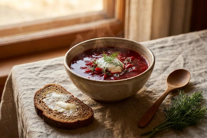 Тарелка борща со сметаной, укропом и ржаным хлебом
