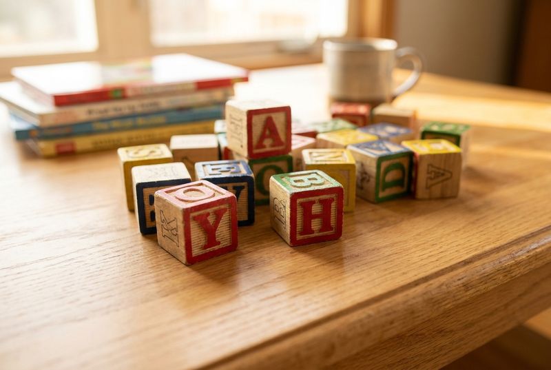 Разноцветные деревянные кубики с буквами английского алфавита на столе
