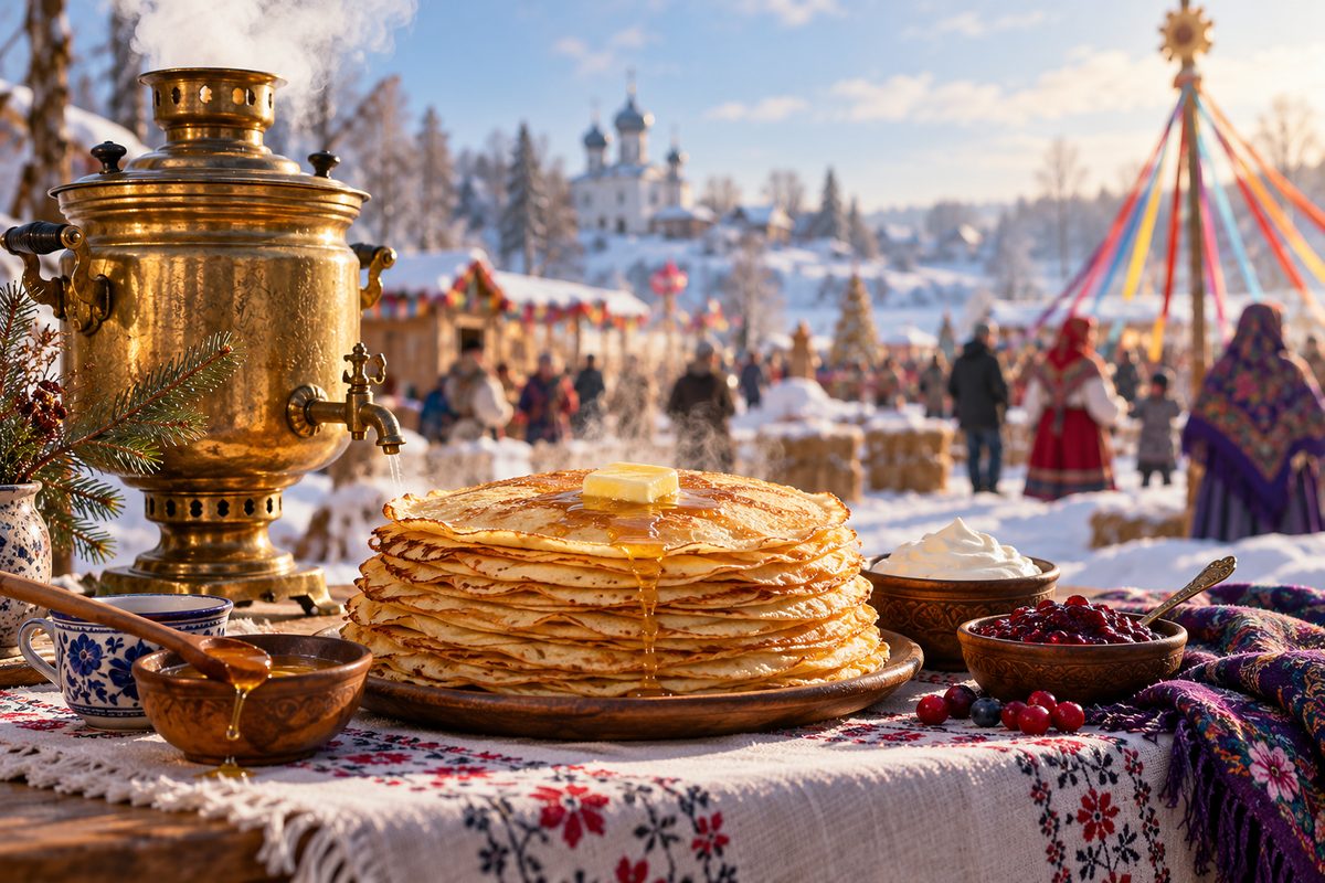Стопка блинов с мёдом и сметаной, самовар и масленичная ярмарка на заднем плане