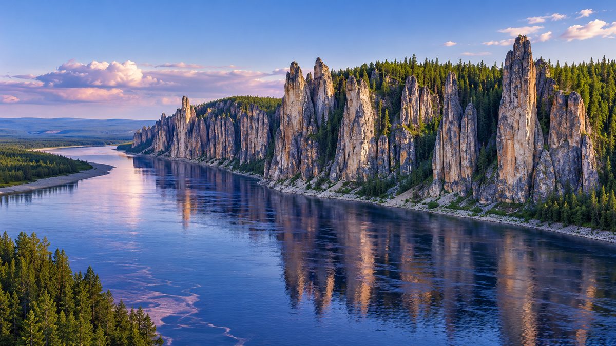 Каменные столбы над широкой северной рекой в Якутии
