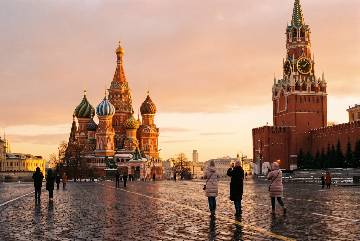 Красная площадь на закате: собор Василия Блаженного, Кремлёвская стена и Спасская башня — иллюстрация