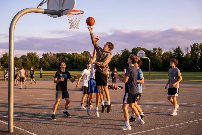Подростки играют в баскетбол на уличной площадке на закате
