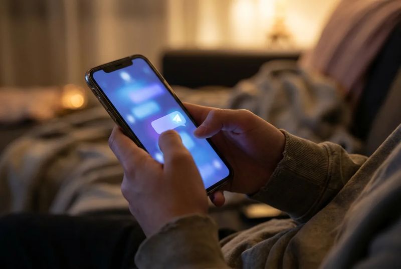 Подросток печатает сообщение в мессенджере на смартфоне