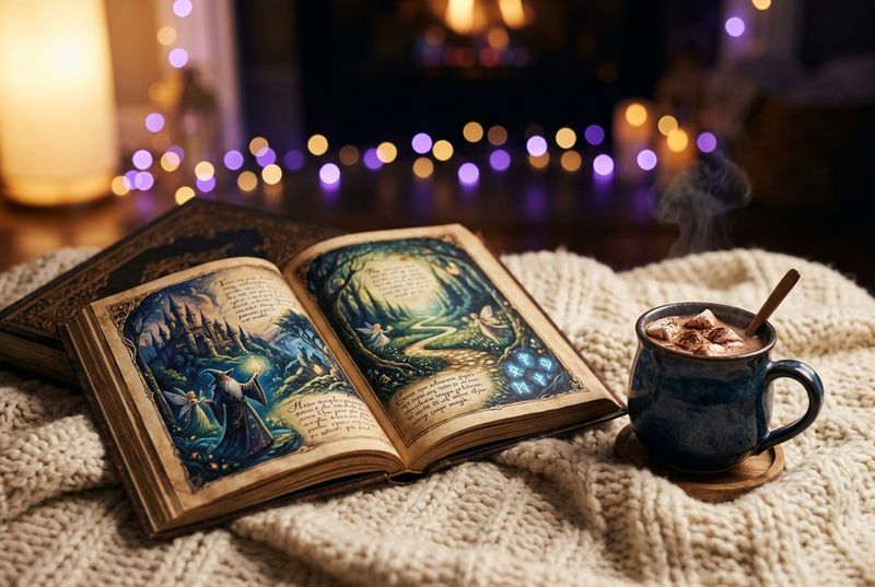 Раскрытая книга сказок на пледе рядом с чашкой какао