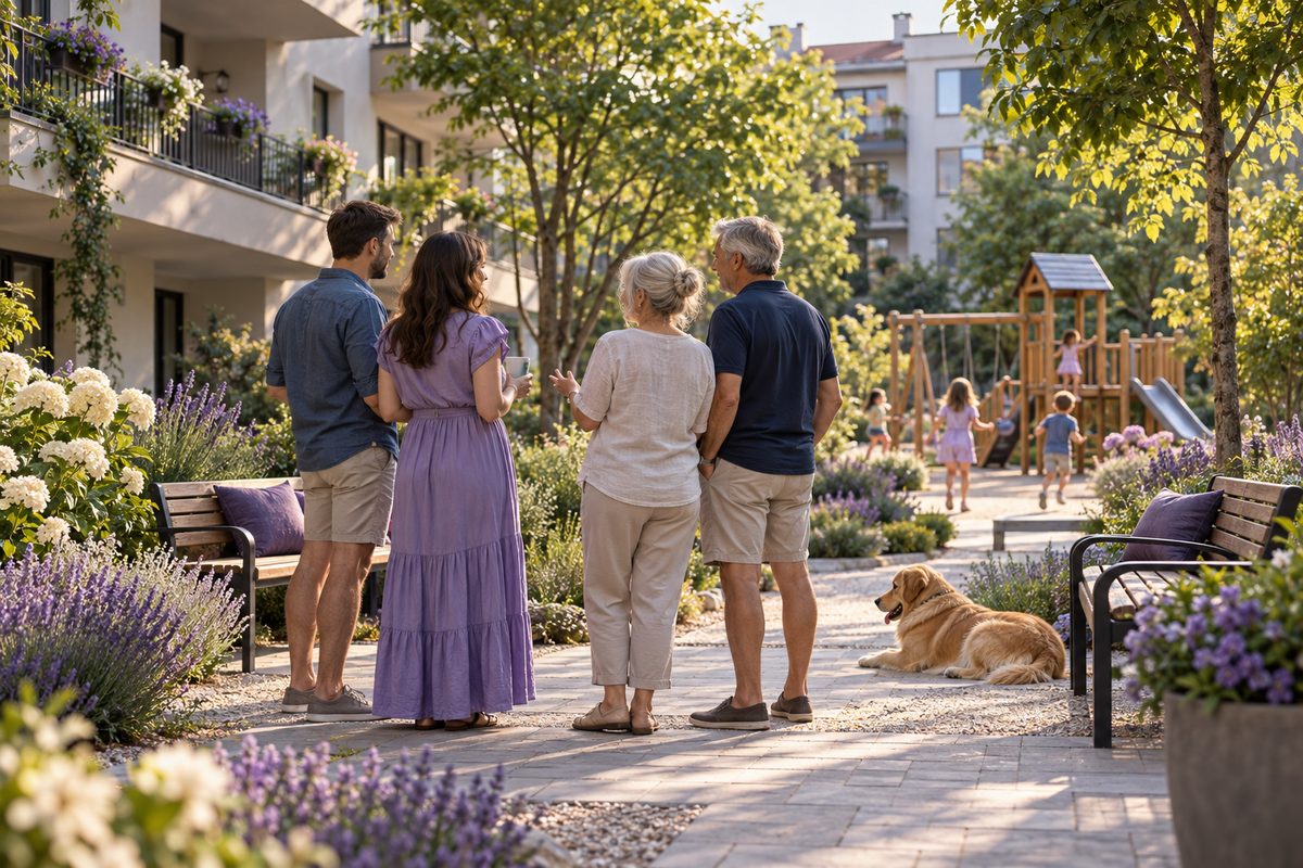 Соседи разговаривают во дворе многоэтажного дома, рядом детская площадка