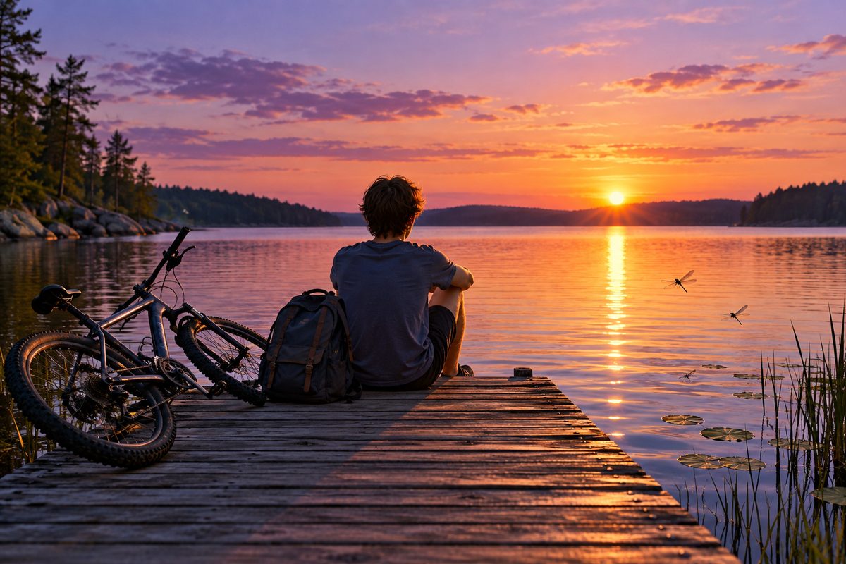 Подросток на деревянном причале у озера на летнем закате, рядом велосипед