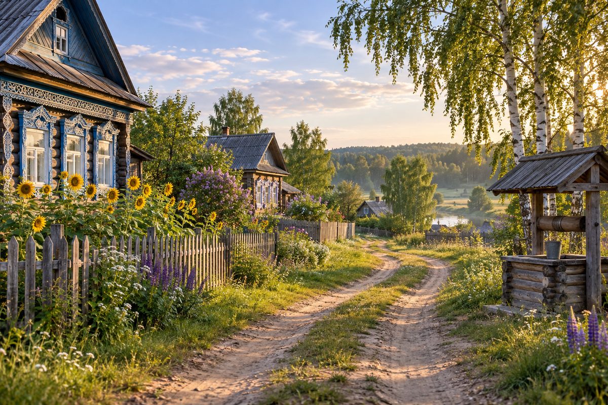 Деревенская улица с деревянными домами, подсолнухами и колодцем