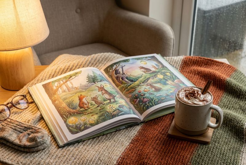 Раскрытая книга с цветными иллюстрациями и чашка какао рядом