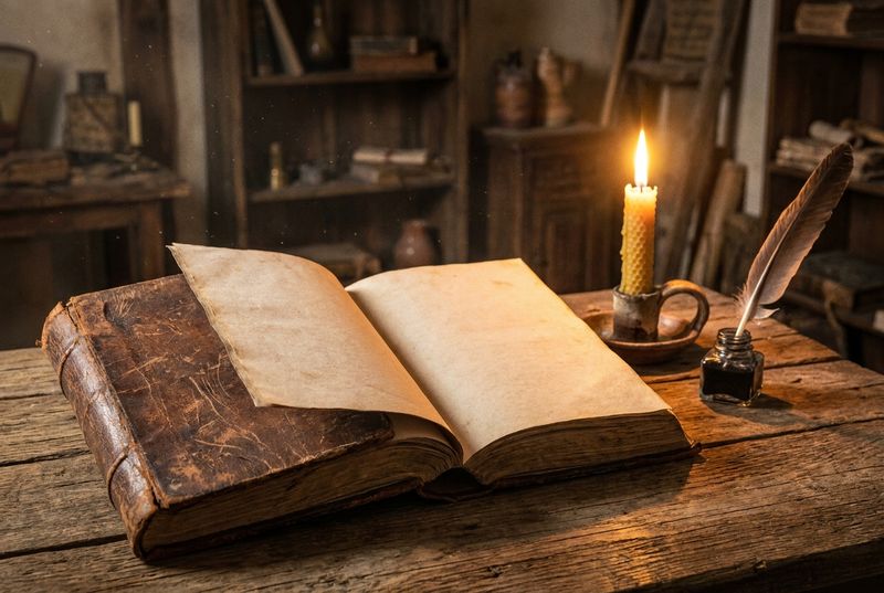 Старинная книга в кожаном переплёте на столе рядом со свечой и пером