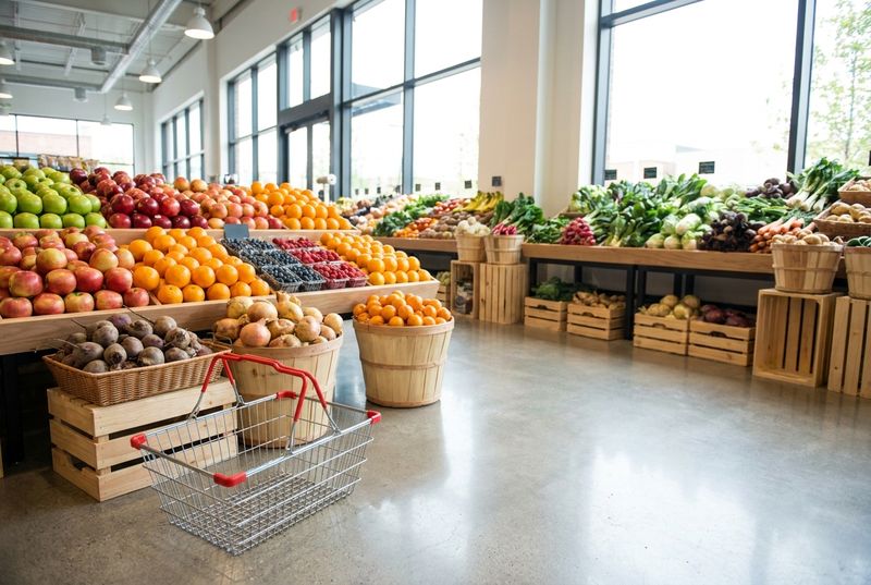 Ряд с фруктами и овощами в светлом продуктовом магазине, корзина на переднем плане